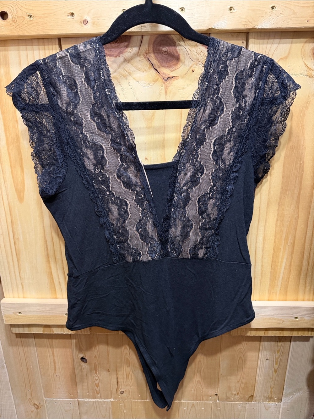 BKE Black Lace Bodysuit with Nude Lining